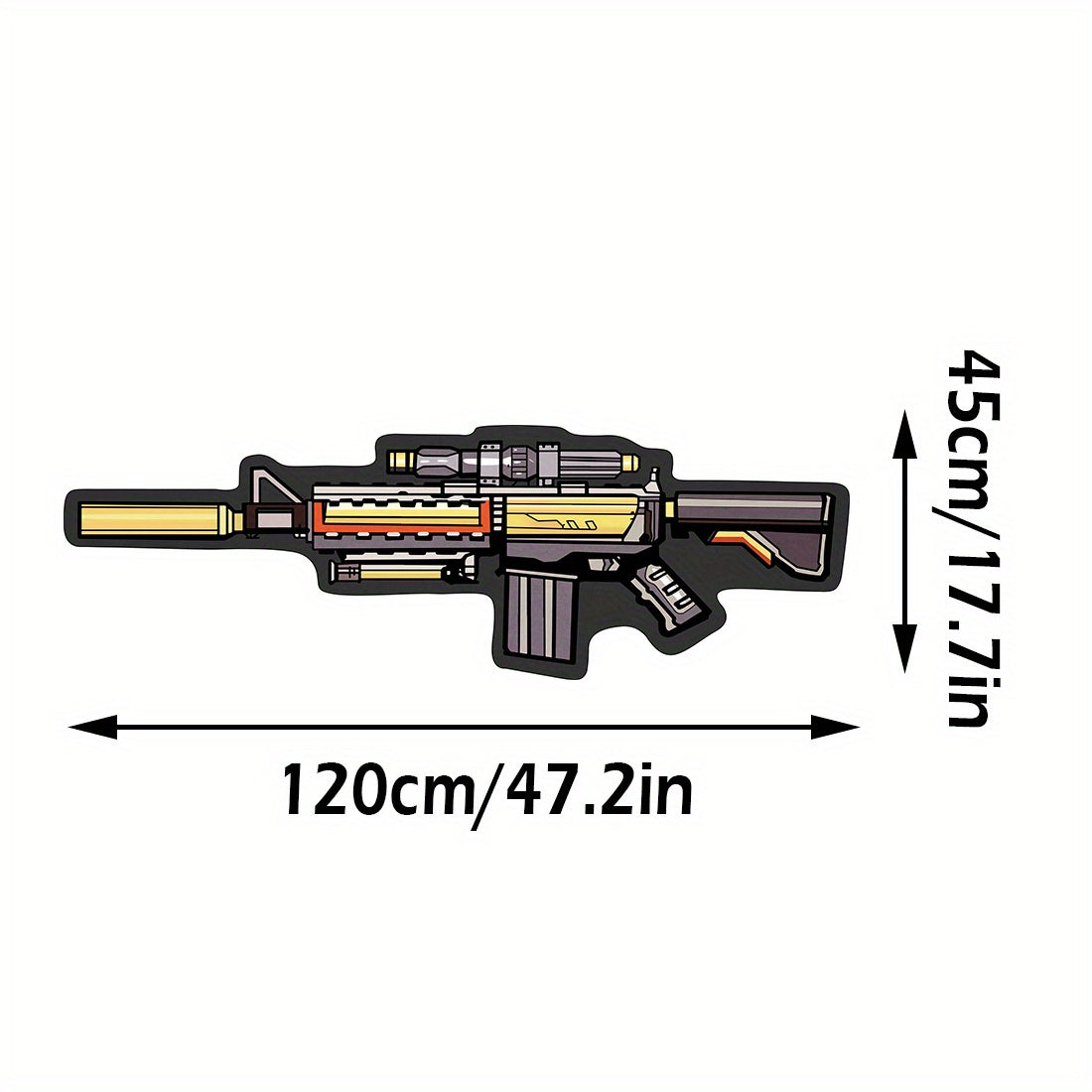 Polyester rug shaped like a cartoon M4A1 rifle; irregular shape, lightweight, non-slip, washable, knit weave, machine-made with rubber backing. Hand wash only, soft and comfortable for living room, bedroom, or bedside use.