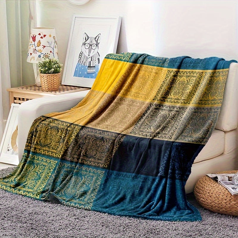 Soft and skin-friendly Bohemian throw blanket with a contemporary style and mixed colors. Made of flannel with a knitted design and digital print, this polyester blanket weighs between 200-250g per square kilogram, making it perfect for all seasons.