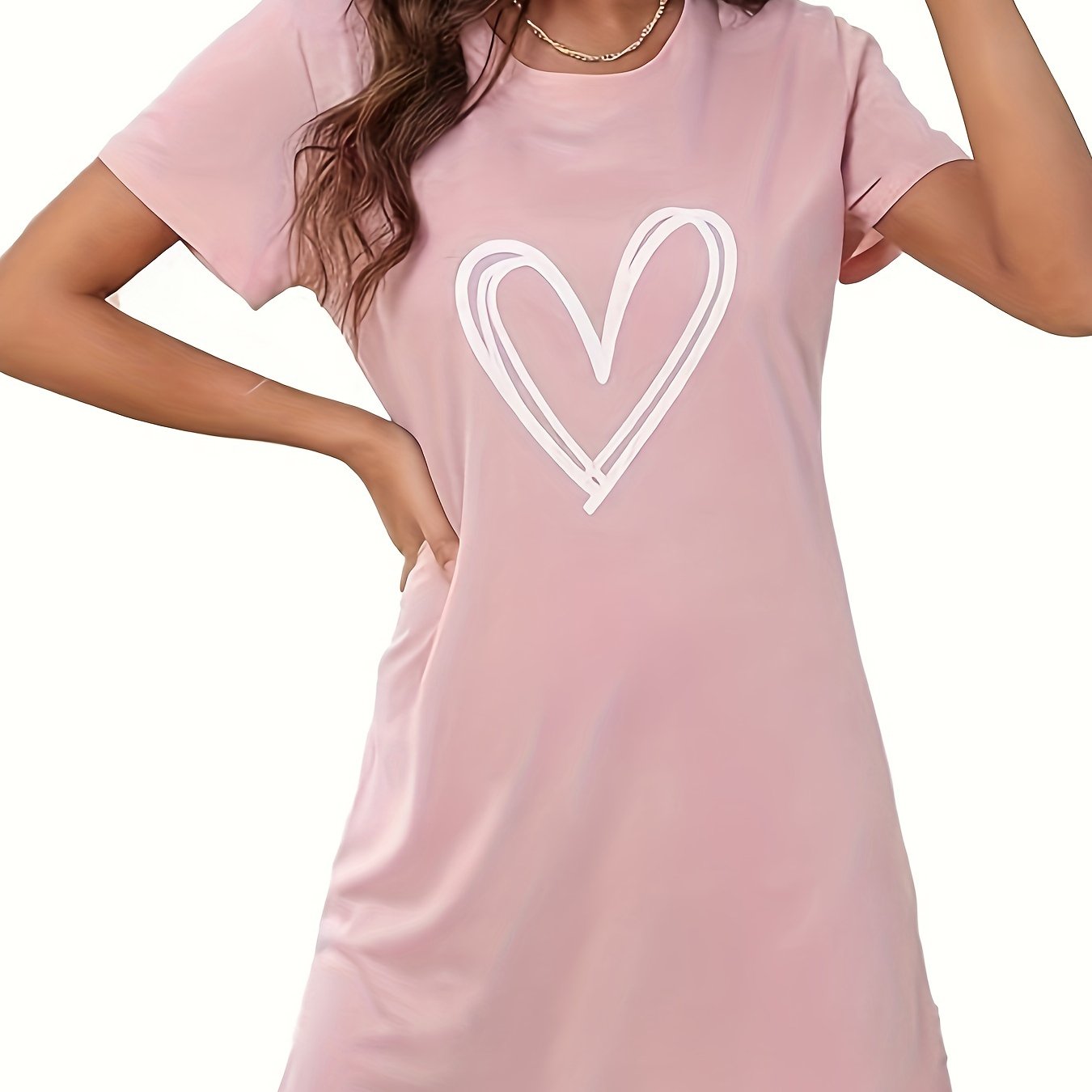 Heart Print Nightdress for Women, Short Sleeve Crew Neck Sleepwear