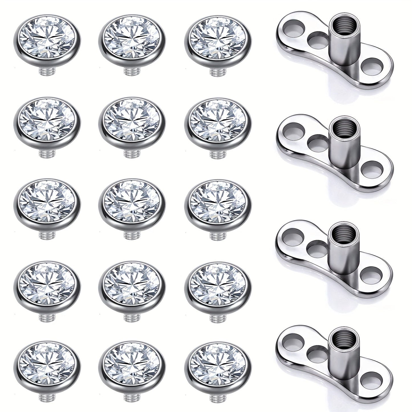 Set of 15 cubic zirconia dermal anchor tops and 4 stainless steel bases, perfect for both women and men. Made with 316L internally threaded 14G microdermals piercing jewelry, this set features a zircon mosaic design with no plating. Ideal for daily wear