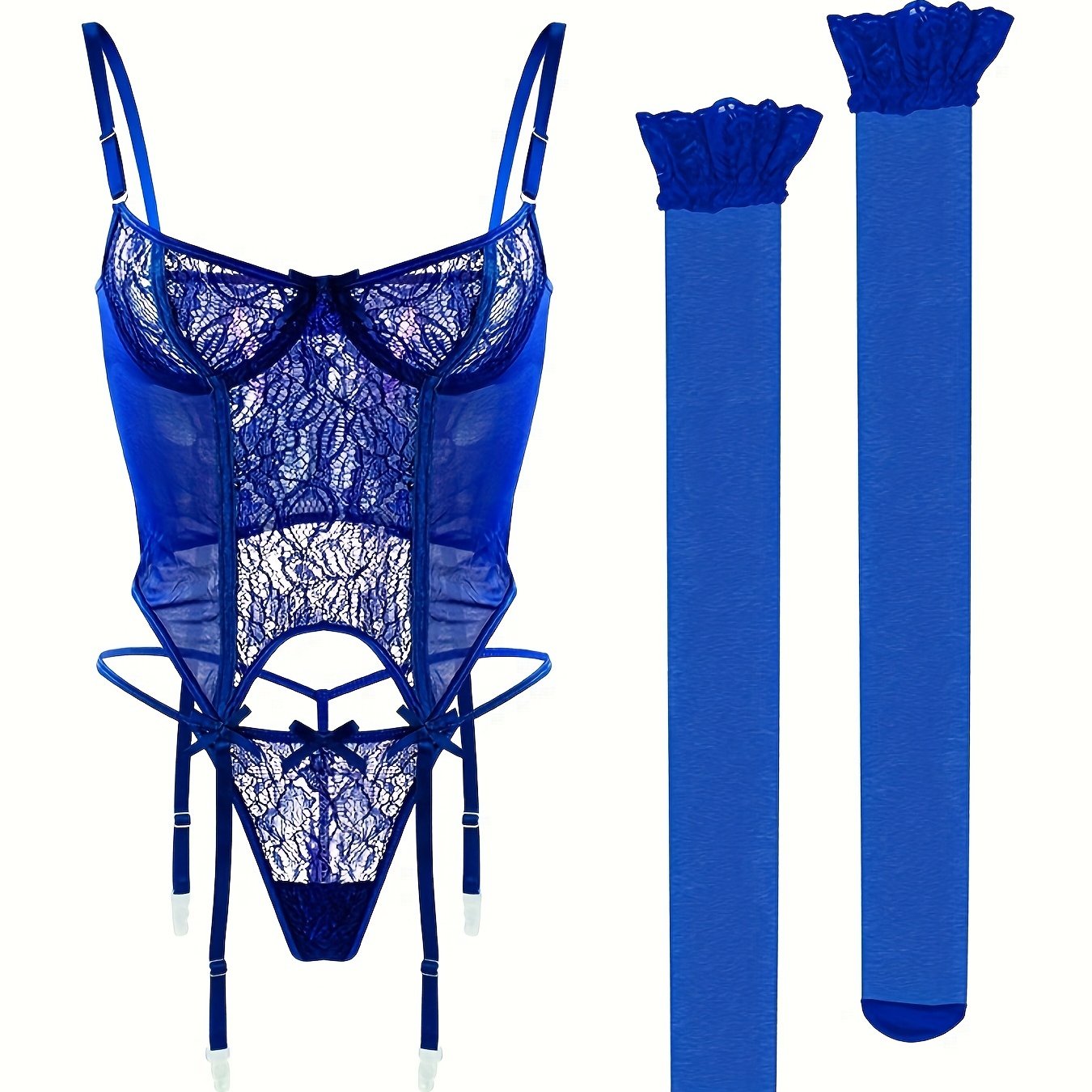 3-piece seductive lingerie set for European and American women with bodysuit, stockings, thong, and panties with steel ring.