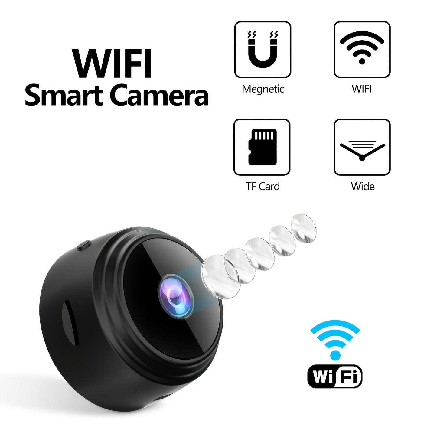 Mini wireless security camera with WiFi, app control, rechargeable battery, not waterproof, compatible with home assistant.