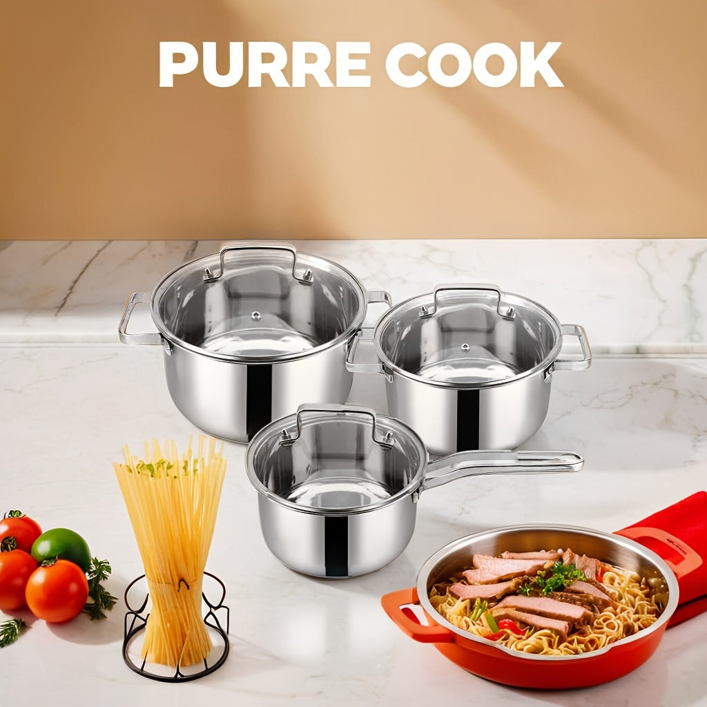 Upgrade your kitchen with the Pure-Cook 3-piece Stainless Steel Cookware Set, featuring glass lids and a mirror finish. This set is food safe and includes a sauce pan and stock pot suitable for induction, electric, and gas stoves. Dishwasher safe for