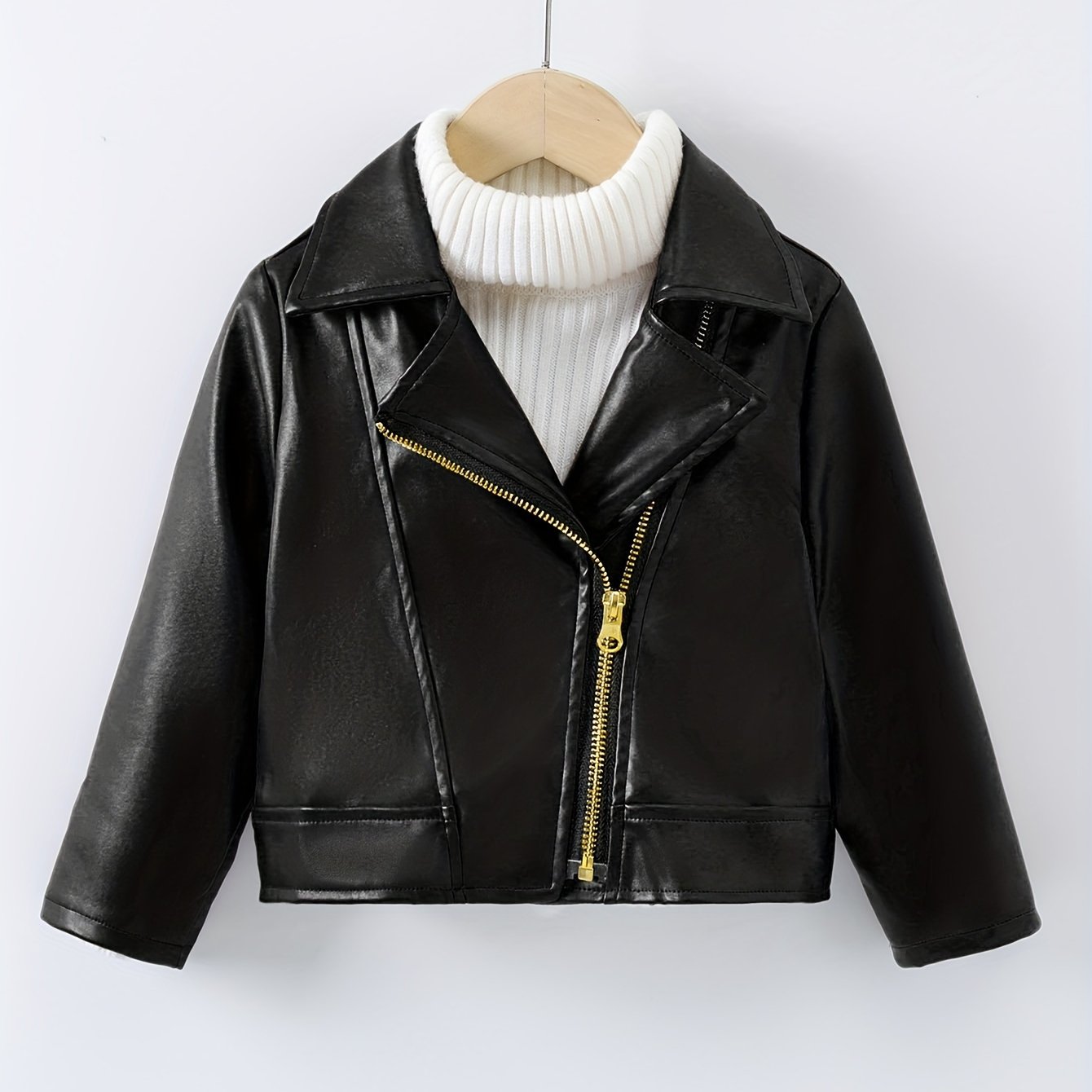 Faux leather jacket with lapel, diagonal zipper, unlined.