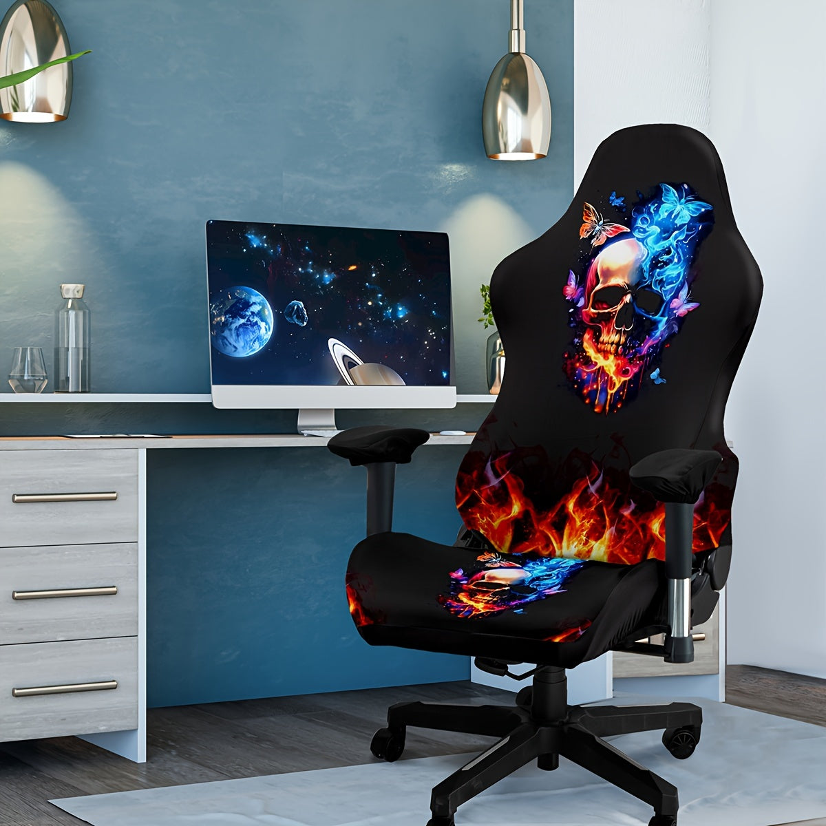 Stretchable and washable gaming chair cover with eclectic skull design, made of premium milk fiber fabric. The one-piece slipcover boasts high elasticity and easy fit, featuring a digital