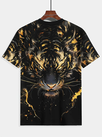 Men's casual crew neck t-shirt with black and golden oil tiger print, made of polyester knit fabric with slight stretch, ideal for daily and weekend wear.