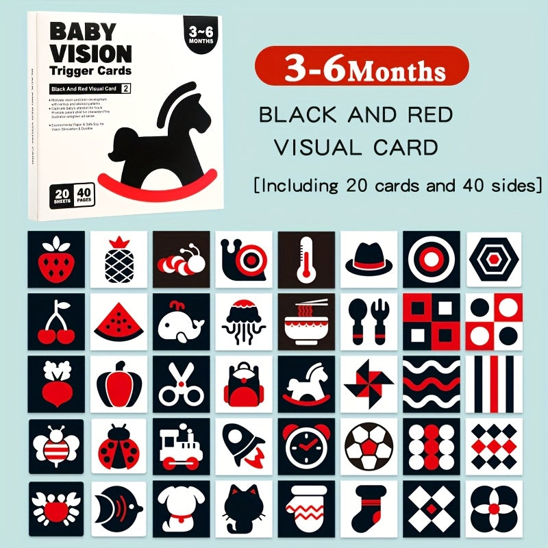 High contrast black and white red cards for visual stimulation and brain development for children up to 6 months. Contains 40 pages of 20 cards.