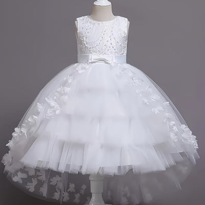 Elegant sleeveless dress with tiered mesh tutu, fake pearls, bowknot, and floral design for parties and balls.