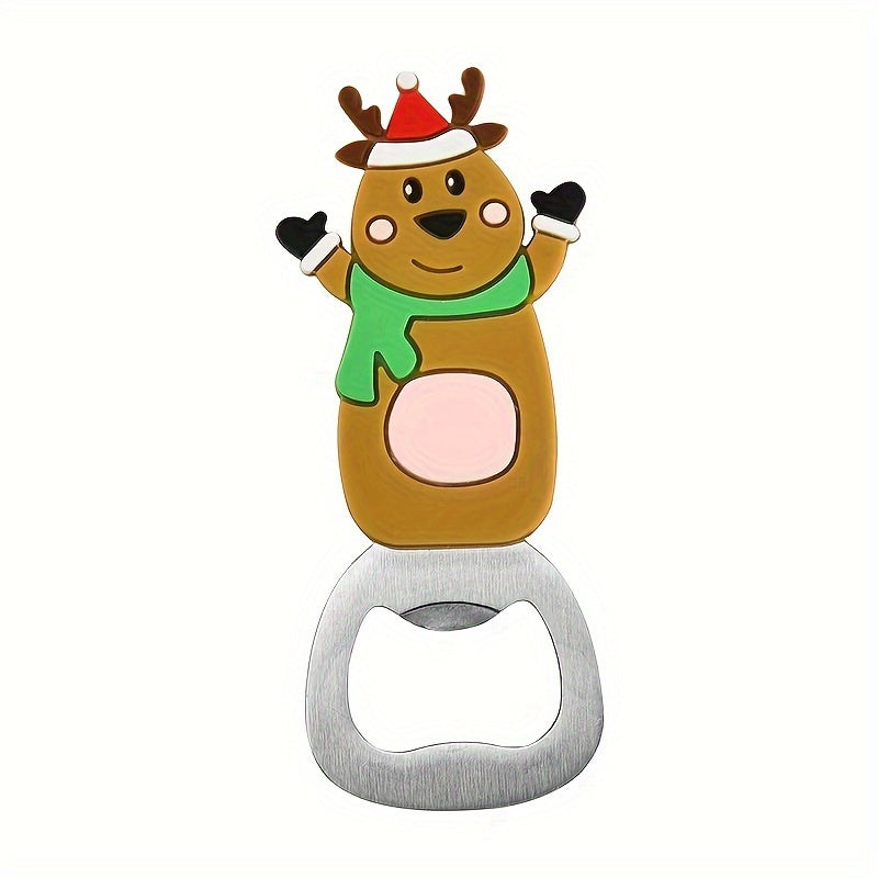 Festive Christmas bottle opener with magnet featuring Santa, snowman, and reindeer designs, suitable for beer and wine. Can be mounted on fridge doors, made of metal, perfect for holiday festivities and everyday use.