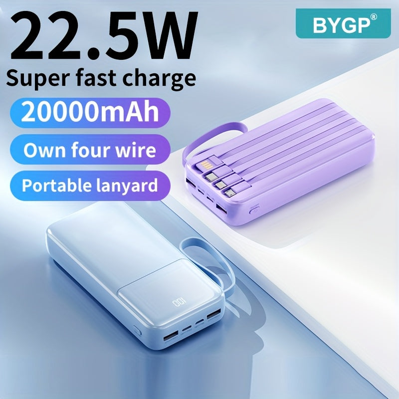 20000mAh Portable Power Bank with fast PD20W charging, 4 built-in charging cables, LED power display, lanyard. Suitable for iPhone/Android and other devices. Ideal for emergencies.