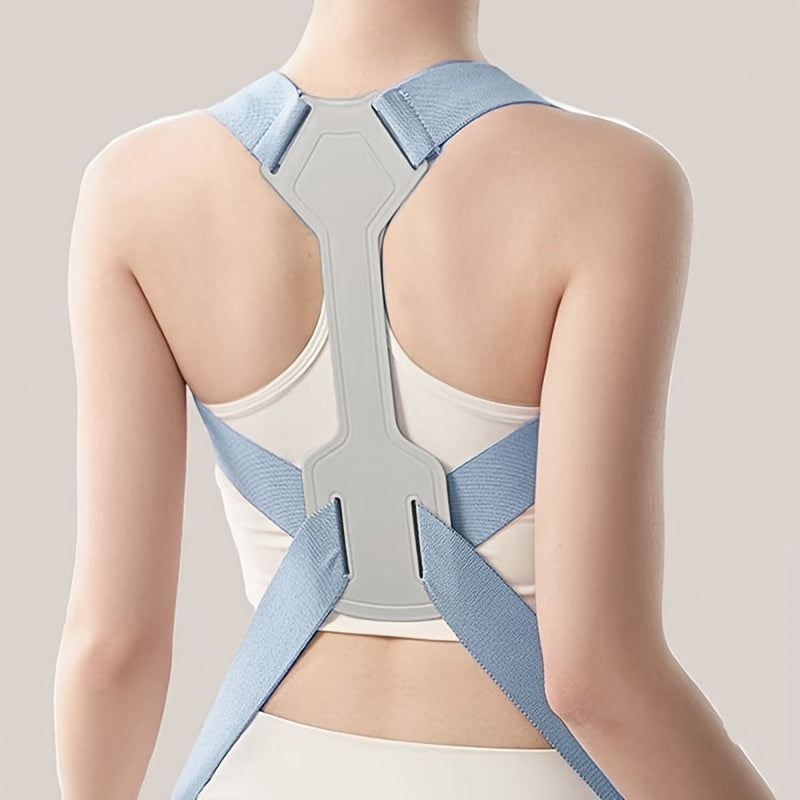 Adults' invisible kyphosis corrector in blue with adjustable strap and breathable mesh for hunchback relief and ergonomic back support, ideal for daily wear.