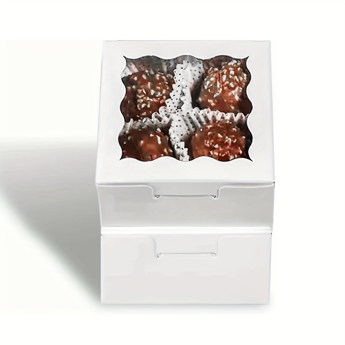 Truffle Boxes in Sets of 12, 50, or 100. Each box measures 8.13 X 8.13 X 3.81cm and is ideal for chocolates, soaps, cookies, donuts, macarons, and other baked goods. These mini bakery boxes feature a window and are perfect for gifting on Christmas