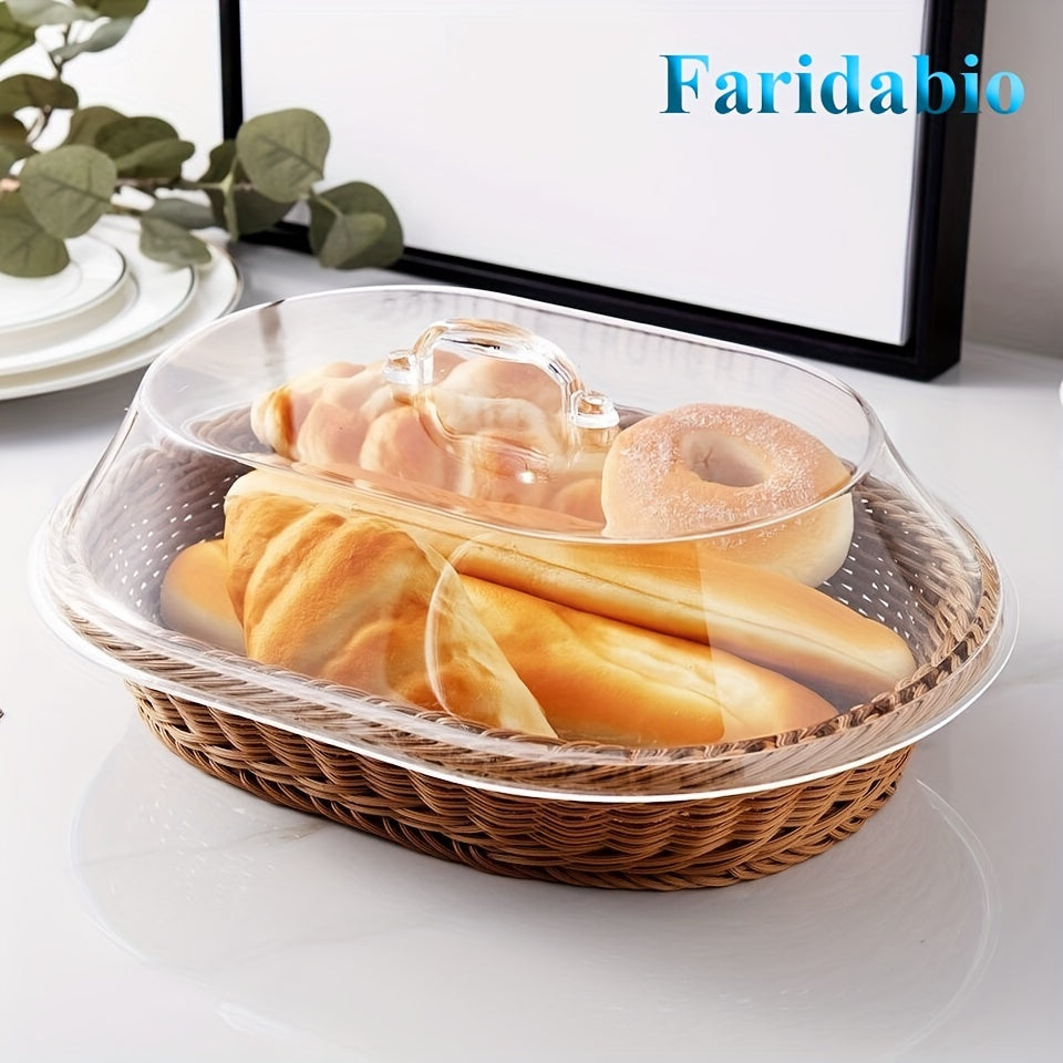 Faridabio Wicker Bread Basket with Clear Acrylic Lid - Versatile and Sturdy Tray for Desserts, Fruits, and Display in the Kitchen, Picnic, or Home.