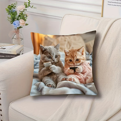 Adorable kitten print pillowcase - French style, 44.96cm x 44.96cm, machine washable, zippered closure, 100% polyester. Ideal for living room and bedroom decor (pillow insert not included).