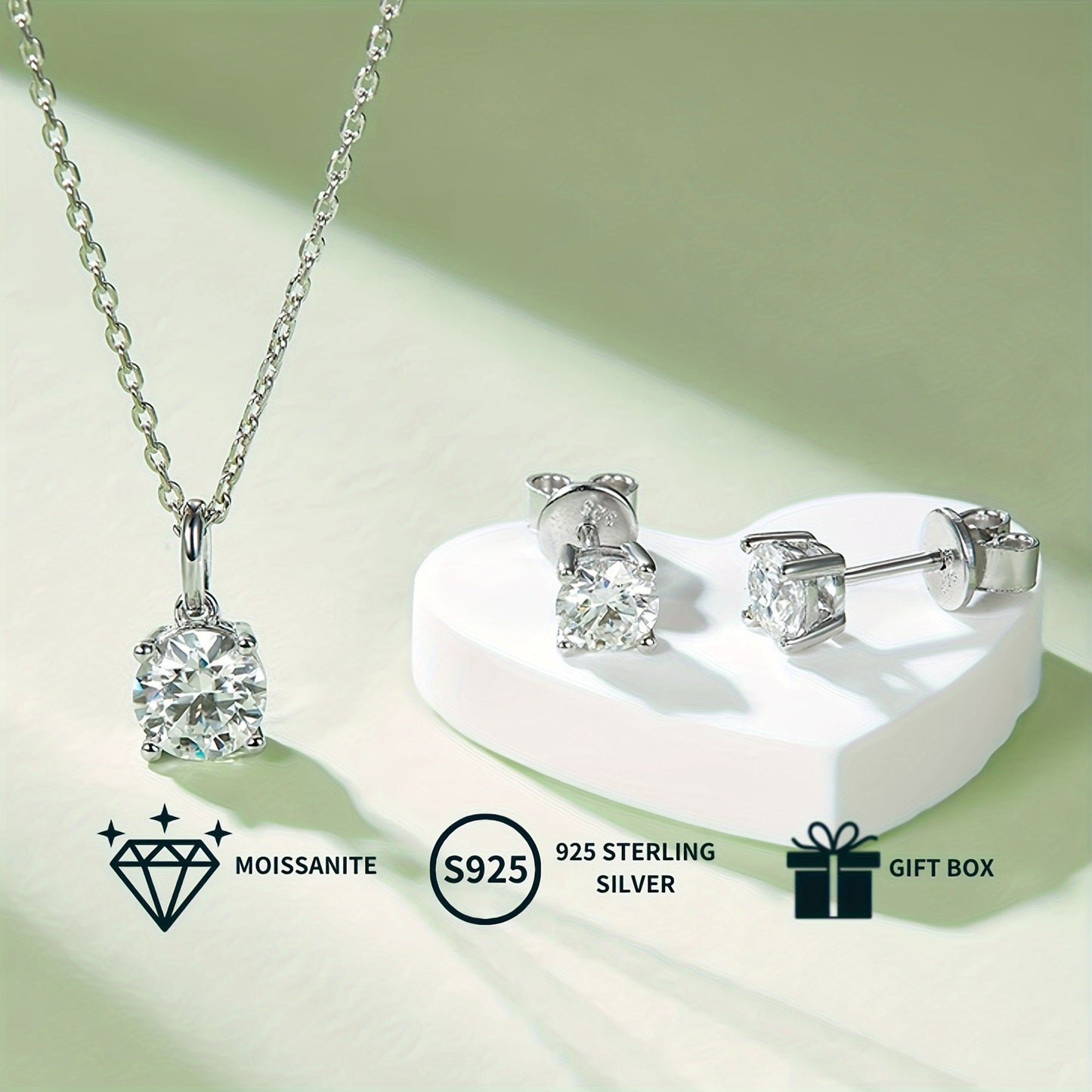 Stylish Moissanite Jewelry Set for Women - Featuring a 1.0CT/2.0CT Pendant Necklace & Stud Earrings, Beautifully White Gold Plated S925 Silver, Ideal for Engagement, Wedding, or Special Occasions. Comes with a Luxurious Gift Box, Perfect for Gifting at