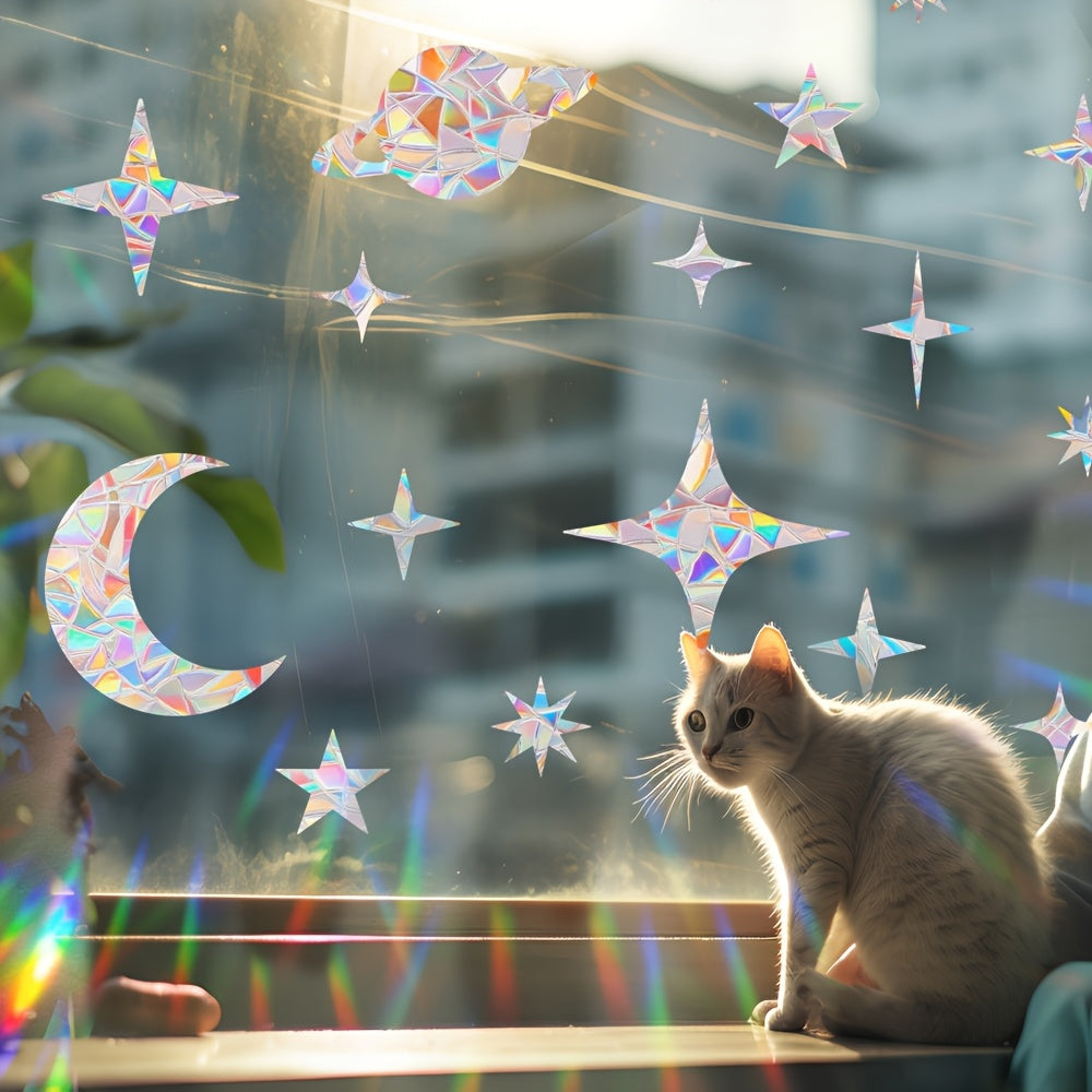 Boho Style Rainbow Prism Static Cling Window Stickers Set featuring Reusable Glitter Star and Moon Shapes, Shimmery PVC Suncatcher Decals with 5mil Thickness. Perfect for Eid Festival Glass Decor and Bird Collision Prevention.