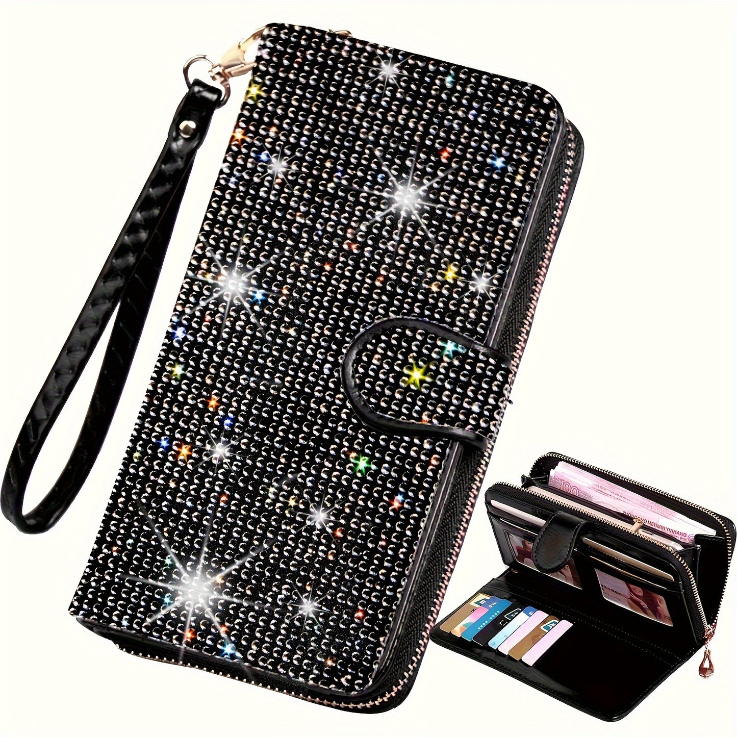 Rhinestone-Decorated Wallet with Large Capacity and Credit Card Holder