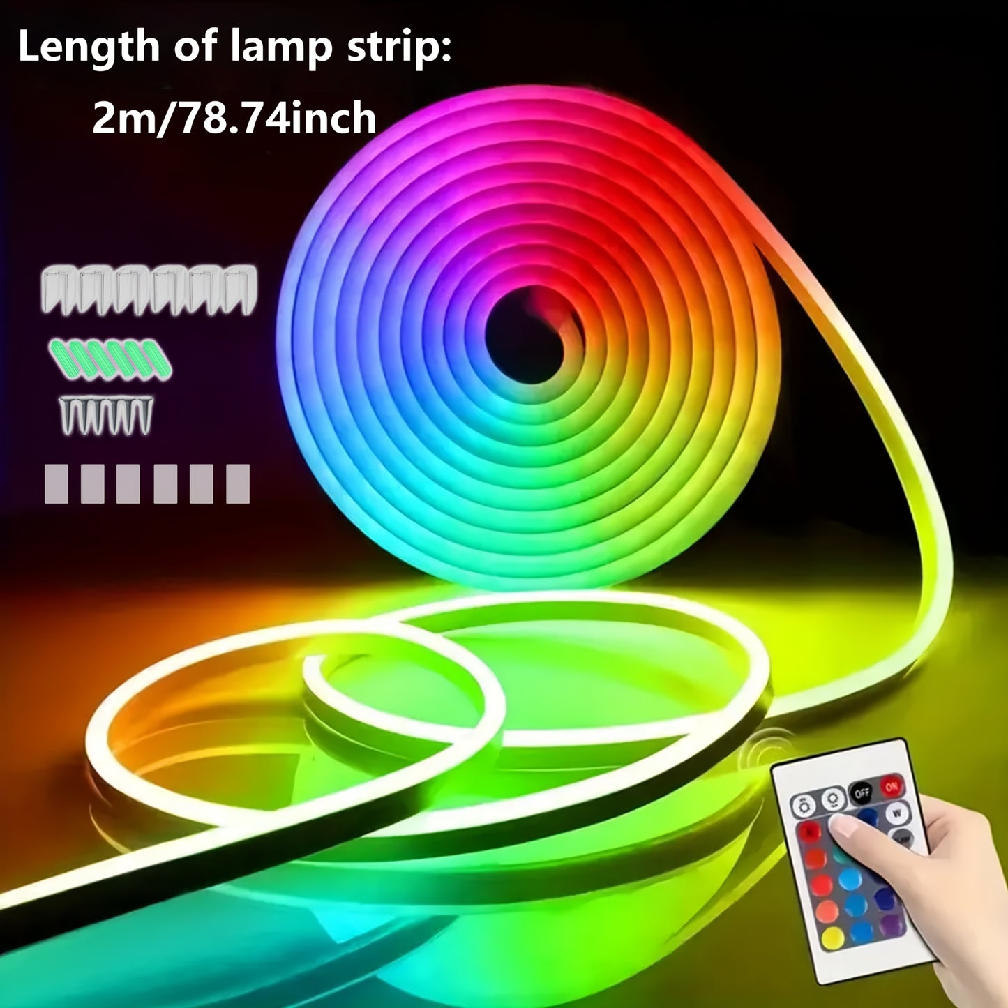 RGB Neon Light Strip with USB Interface and Remote Control, perfect for parties, holidays, and Valentine's Day. Adjustable brightness and multicolor modes. Smartphone compatible.