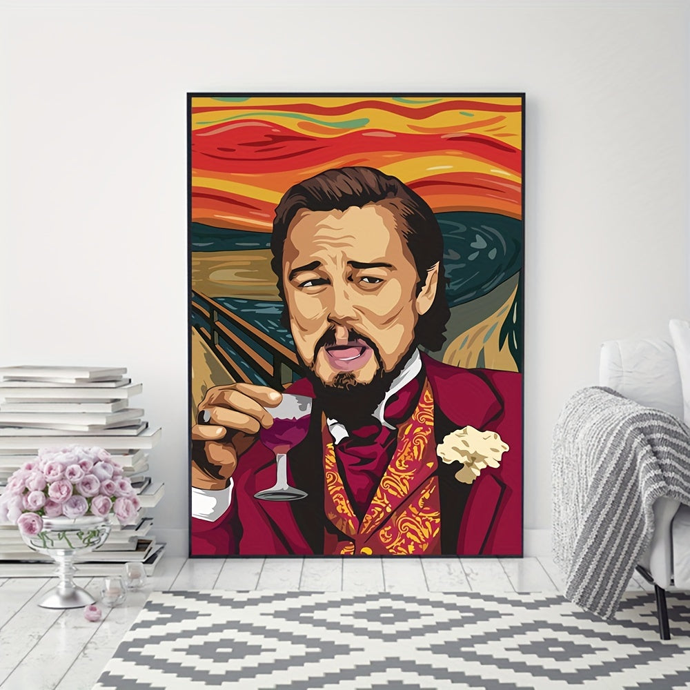 Canvas poster featuring modern art inspired by the movie "The Scream" with a classic Leo painting. Ideal gift for any room, fall decor option. Frame not included.