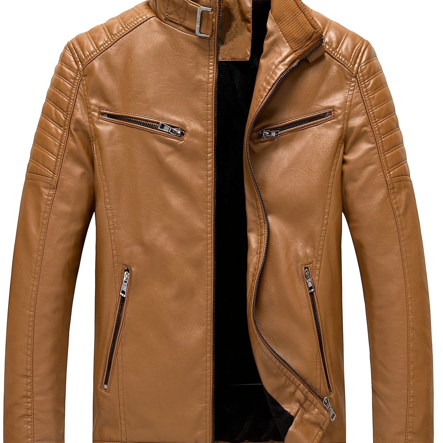 Men's stylish PU leather jacket with zippered pockets for autumn & winter