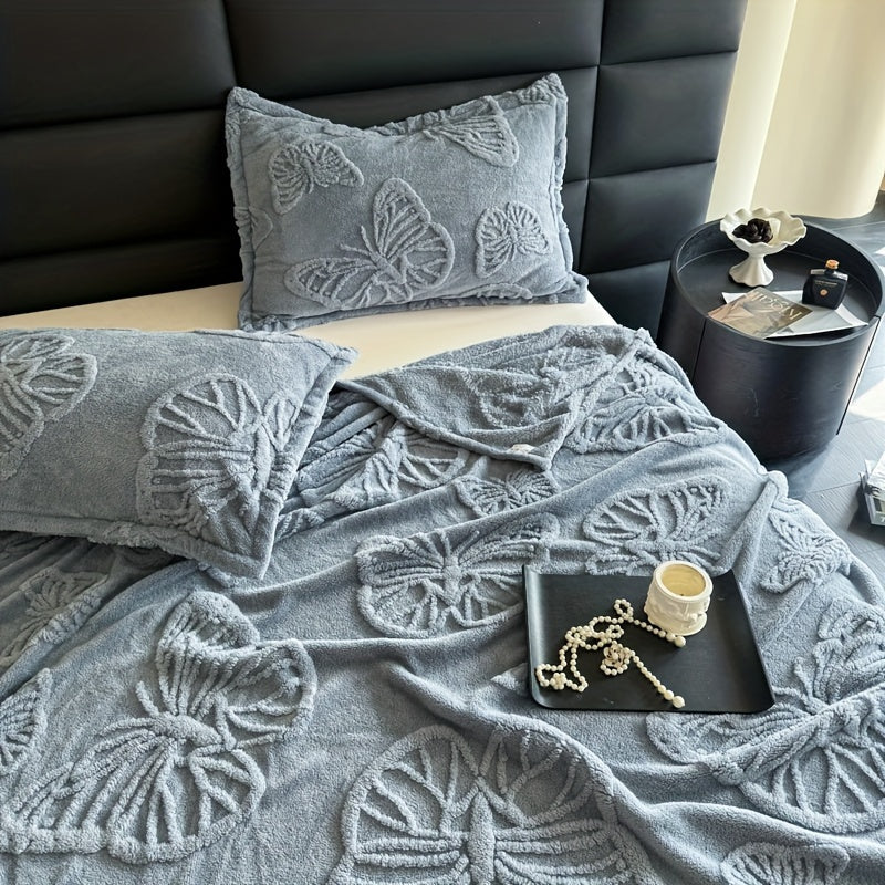 Soft and comfortable butterfly jacquard nap blanket available in milky white, camel, pink, green, purple, brown, gray, and blue gray. Perfect for use in the office, on the sofa, in the living room, or in the car.