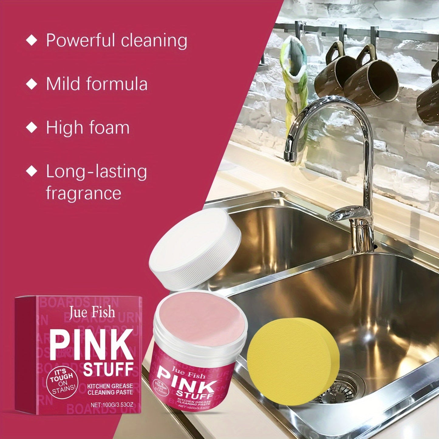 Pink Stuff Kitchen Grease Remover Cream is a 100g residue-free multi-surface cleaner that comes with a sponge. Infused with coconut oil, it effectively removes stubborn stains on wood, plastic, glass, metal, and ceramic surfaces.