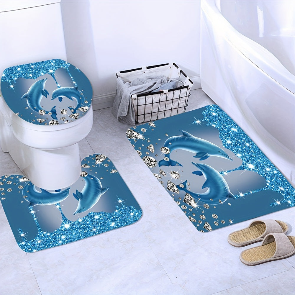 Diamond dolphin print shower curtain set with hooks, bath mat, rug, and toilet lid cover. Waterproof polyester fabric for all seasons.