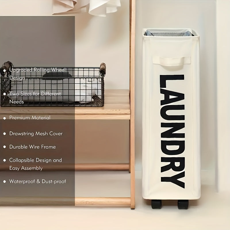 Get organized with our sleek and convenient Narrow Slim Laundry Basket on Wheels! Measuring 55.88cm, this hamper is perfect for tight spaces and features a collapsible design for easy storage. The drawstring mesh cover keeps clothes contained, while the