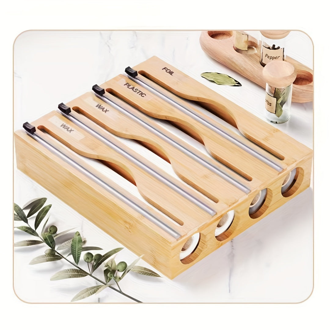 Bamboo Kitchen Wrap Organizer - Eco-Friendly Storage Box for Plastic Wrap, Aluminum Foil, Wax Paper - Manual Cutter, Non-Electric, Food-Safe