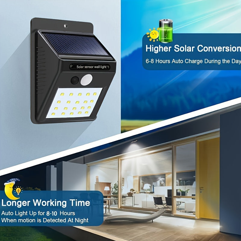 Solar wall light with motion sensor, 3 lighting modes, auto dark activation, rechargeable battery, ideal for outdoor areas.