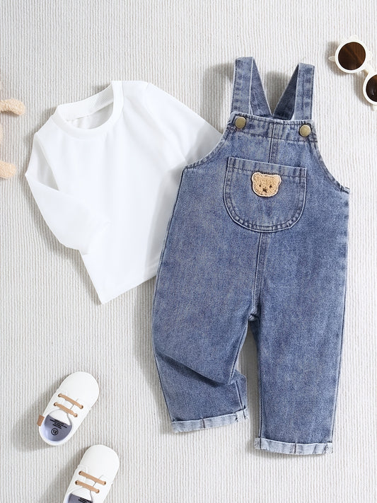 Boys' denim overalls set with bear design - casual, machine washable for spring/fall, leisure style, perfect for outdoor use in spring/autumn.