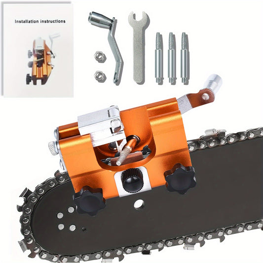 Portable chainsaw sharpener with 3 grinding stones, 2 nuts, and 1 wrench for manual sharpening in the field.