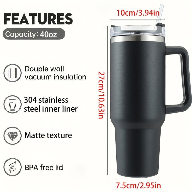 Insulated stainless steel tumbler with handle & straw, ideal for hot and cold drinks on-the-go. Great for camping, driving, and outdoor sports. Perfect gift for Christmas, Mother's Day, Father's Day, or Thanksgiving.