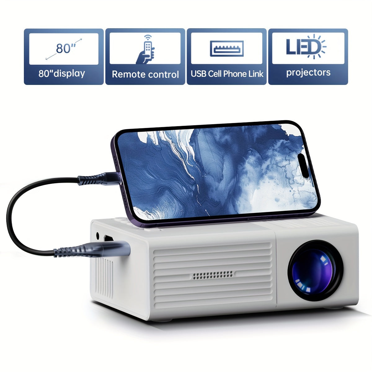 Portable mini projector with 3000 lumens and EU plug for indoor/outdoor movie nights. Features USB & HDTV connectivity, remote control, and compatibility with smartphones, tablets, and