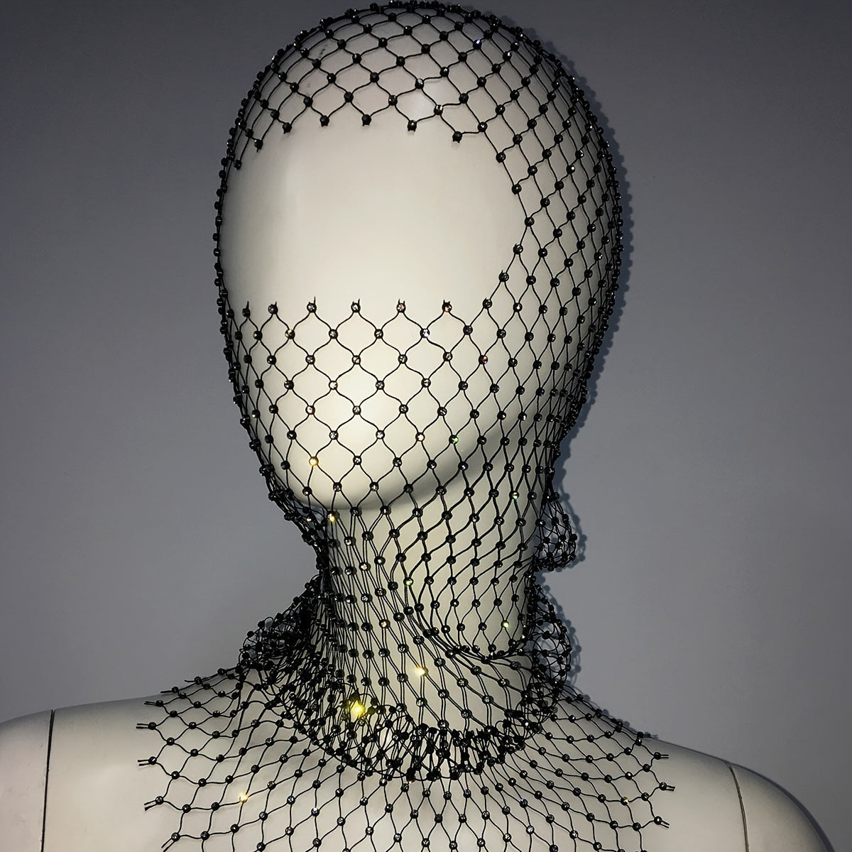 Stylish Fishnet Grid Hollow Mask Mesh Cap with Rhinestone Inlay for Women