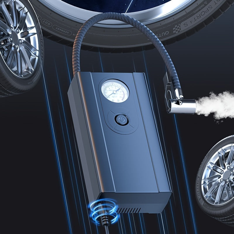 High-speed portable air compressor with digital gauge for inflating tires on cars, motorcycles, and bicycles using a 12V cord and cigarette lighter power source.