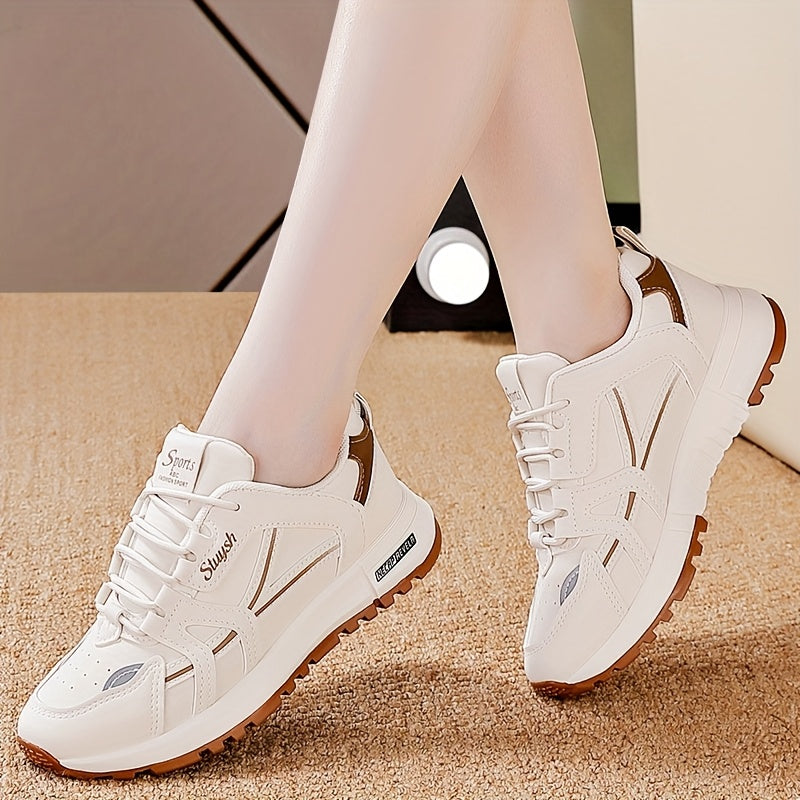 Women's Casual Athletic Sneakers in White with Black Accents - Lightweight, All-Season, Low-Top Lace-Up Shoes with Faux Leather & Mesh Interior, Comfortable PU Sole, Hand Washable