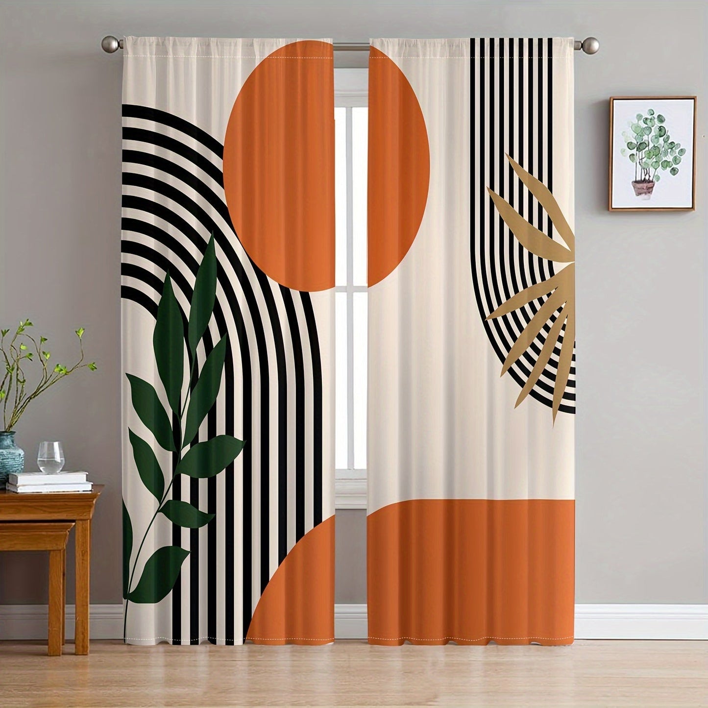 Two pieces of modern abstract geometric and striped design curtains - translucent, privacy-protecting drapes with a rod pocket for the living room and bedroom. Made of machine washable, fade-resistant polyester.