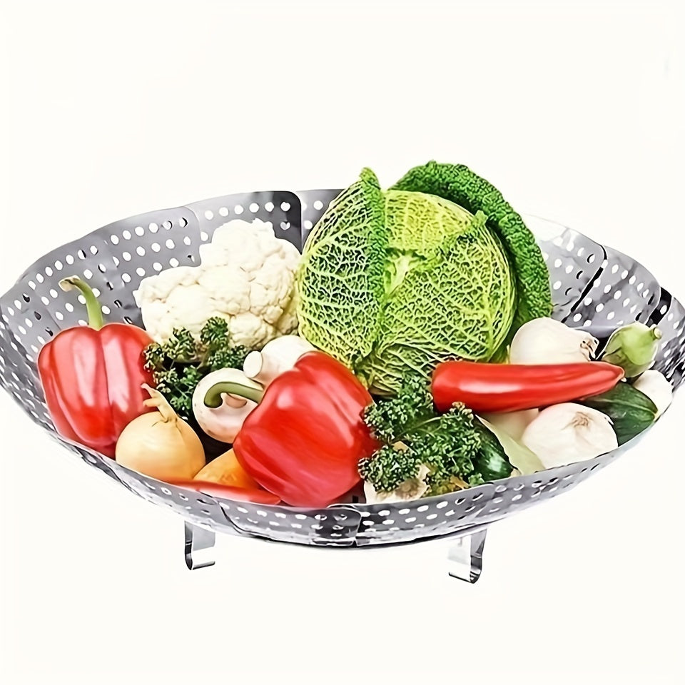 Vegetable steamer basket made of durable stainless steel for healthy cooking - Adjustable, foldable design fits in various pots and pans, perfect for steaming a variety of vegetables.