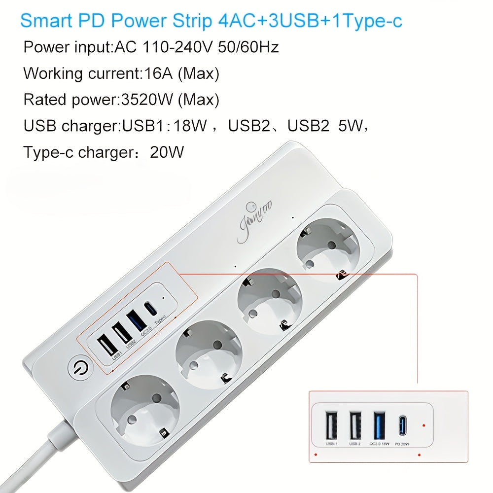 WiFi power strip with fast charging, voice control compatible with Alexa and Google Home, remote app control.