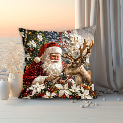 Modern Christmas Santa and Reindeer Pattern Soft Velvet Throw Pillow Cover with Zipper Closure - 44.96x44.96 cm, Machine Washable, Single-Side Print, Polyester - 1pc