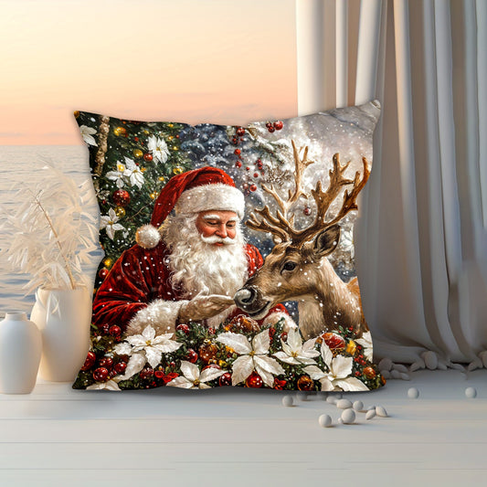 Modern Christmas Santa and Reindeer Pattern Soft Velvet Throw Pillow Cover with Zipper Closure - 44.96x44.96 cm, Machine Washable, Single-Side Print, Polyester - 1pc