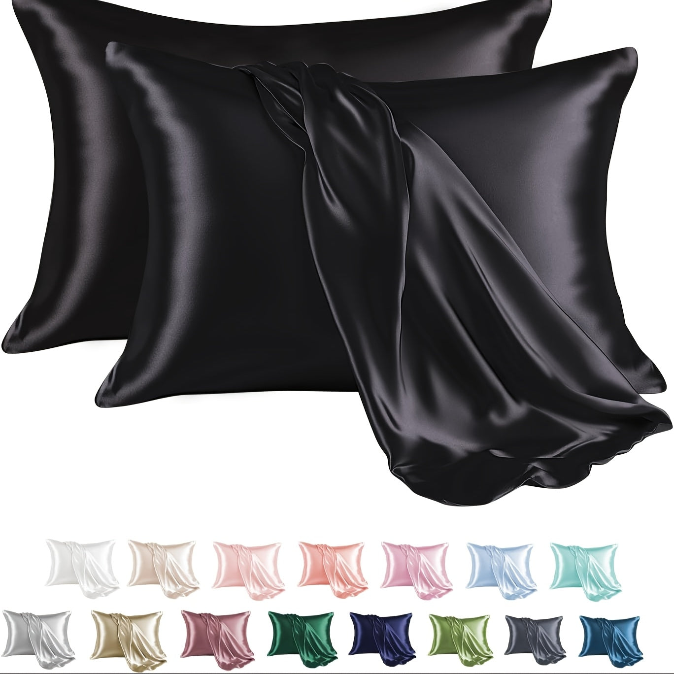 Two satin pillowcases in a pack made from 100% polyester material. Features an envelope closure and smooth texture to prevent hair breakage. These pillowcases are also wrinkle-resistant, machine washable, and weigh 80-85gsm. Available in a solid color