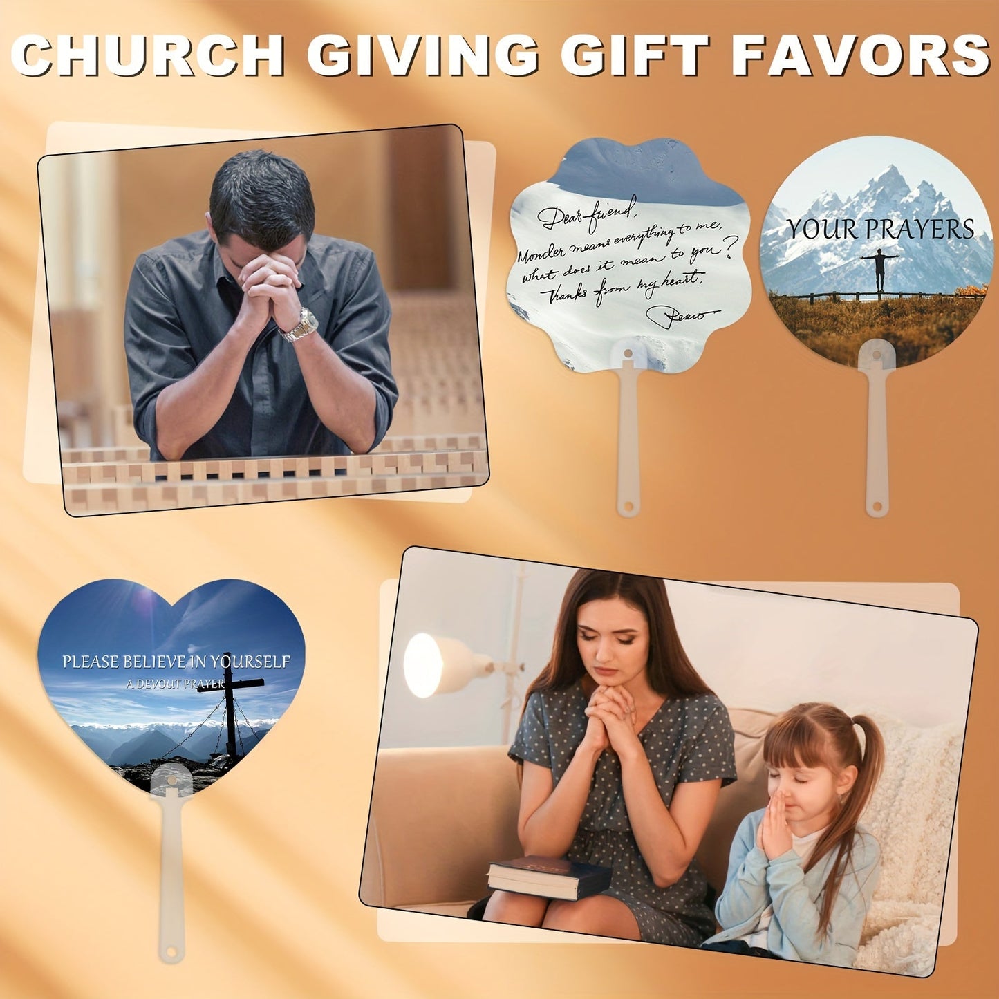 Set of 6 Handheld Church Fans - Double-Sided Sublimation Blanks, PET Plastic Fans for Parties & DIY Projects, includes 3 Unique Shapes