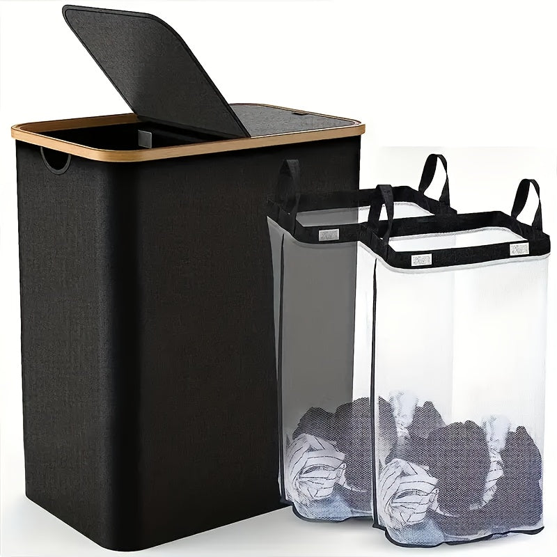 Large laundry hamper with lid and 2 detachable bags, perfect for organizing dirty clothes in laundry rooms, bathrooms, and dormitories. This foldable storage basket is a must-have for home organization and back-to-school supplies.