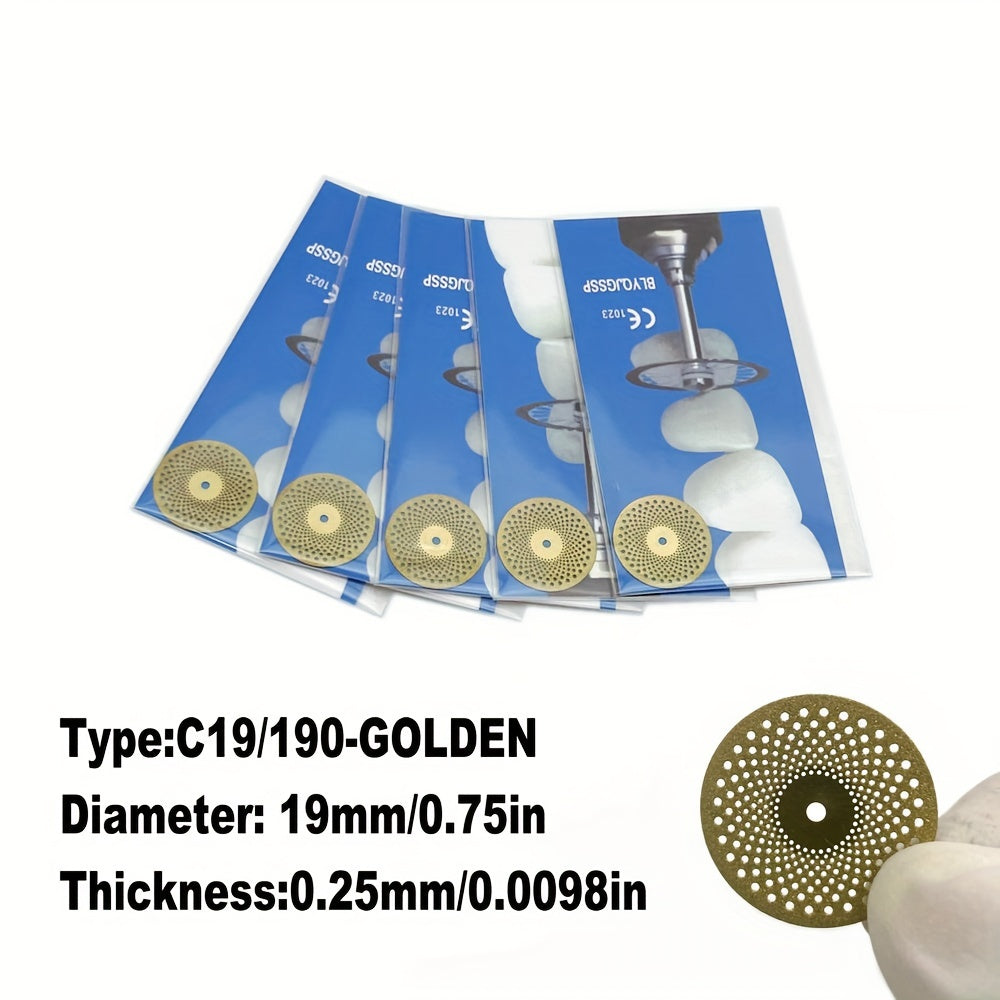 Five dual-sided diamond cutting discs for dental labs, in silver or golden, for high precision grinding and polishing.