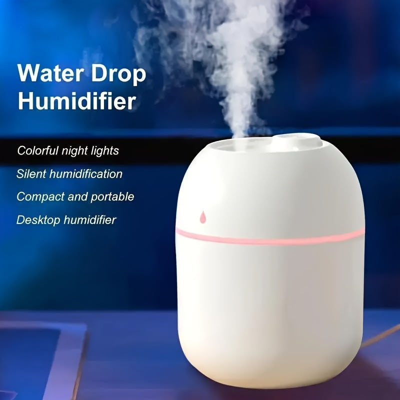 Compact USB-powered mini humidifier with quiet operation, portable design, and colorful LED lights for various settings. Features heavy fog, two-level output, and one-touch control. Ideal