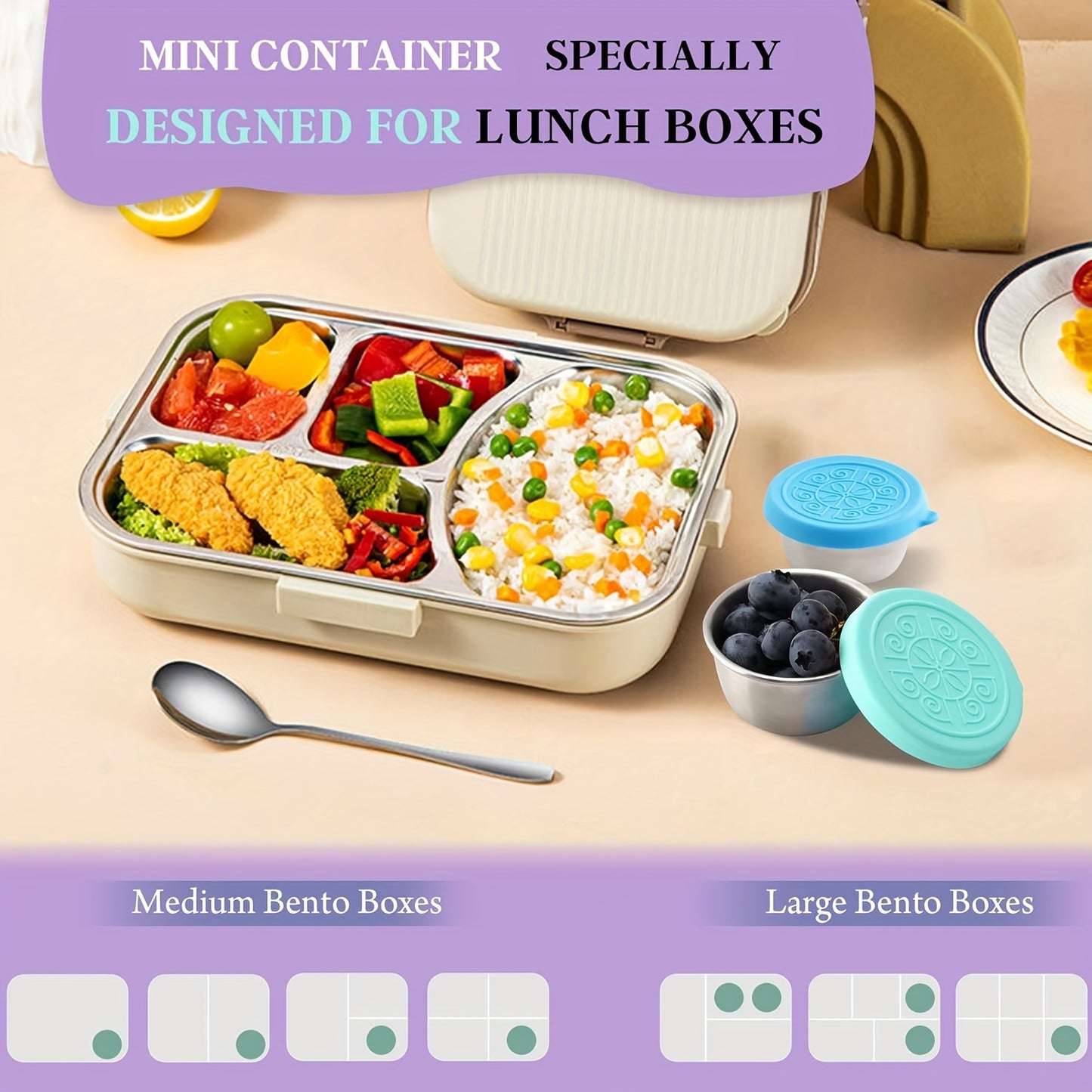 Salad takeout containers with 304 stainless steel sauce cups. Leak-proof silicone lids. Reusable and suitable for lunch boxes, work, school, picnic, and travel. Perfect back-to-school lunch box accessory. Available in 2, 4, or 8 piece sets.