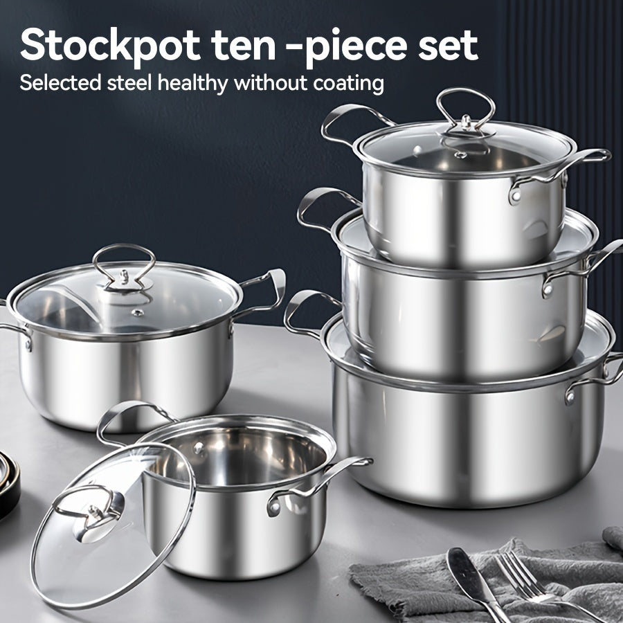 This 10-piece set includes 5 stainless steel pots and 5 pot lids with sizes ranging from 16cm to 24cm. The pots feature a stainless steel construction, double handles, and deep soup pot design, making them perfect for both home and restaurant use. They