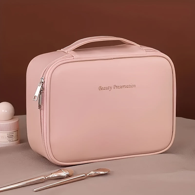 Large capacity detachable cosmetic bag with multiple layers and brush storage, suitable for both men and women.